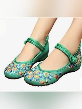 Chinese Embroidered Floral Mary Jane Cotton Loafer Wedge Shoes